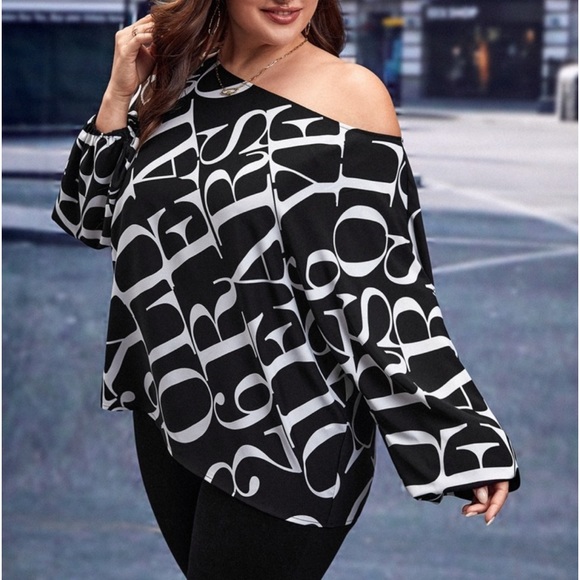 Classic Elegant Abstract Alphabet Letter Print Batwing Sleeve Top Blouse - Picture 11 of 11